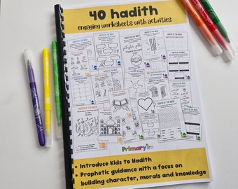 May include: A yellow and black book with the title "40 hadith" and the subtitle "engaging worksheets with activities". The book is open to a page with several black and white illustrations of Islamic themes, including a mosque, a crescent moon, and Arabic text. The book is designed to introduce children to Islamic teachings.