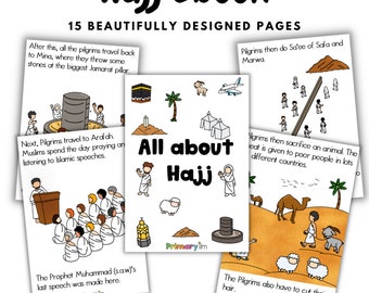 May include: Illustrated guide to Hajj, a Muslim pilgrimage to Mecca. The colorful pages depict key rituals like throwing stones at the Jamarat pillar, praying at Arafah, and sacrificing an animal. The text 'All about Hajj' is featured on one page.