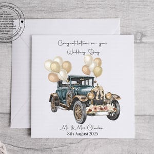 Personalised Wedding Congratulations Card, Vintage Car, Wedding Keepsake.