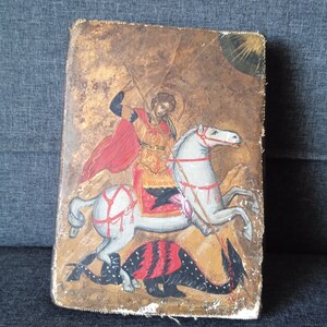 S. George and the snake ,hand painted on wood with plant colors , unkwown artist , pre-owned