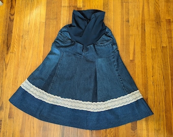 Ladies Petite Denim Maternity Skirt - One of a kind Skirt - Upcycled Denim Skirt - Jean Skirt - A-line Skirt -