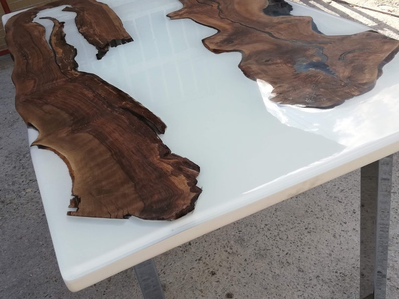 White Resin Walnut Table; Live Edge Dining Table