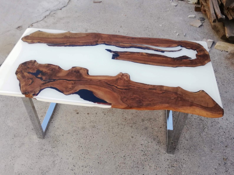 White Resin Walnut Table; Live Edge Dining Table