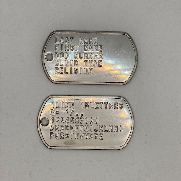 Dog Tags / Military Stainless Steel / Personalized Custom / 1 line 15 letters include space / 1 Set comes 2 tags