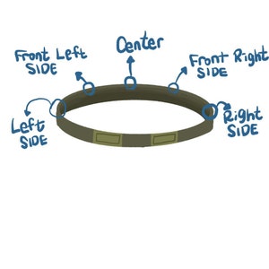 May include: A green canvas belt with two metal buckles. The belt is labeled with the words "Front Side", "Left Side", "Center", "Front Right Side", and "Right Side".