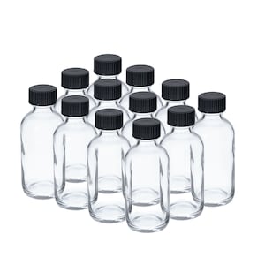 2oz / 60ml Clear Glass Boston Round Bottles with Screw Top Lid Cap Stopper Closure Vials - Pack of 12 Bottles