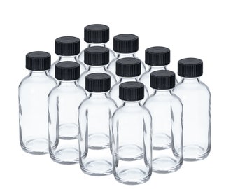 2oz / 60ml Clear Glass Boston Round Bottles with Screw Top Lid Cap Stopper Closure Vials - Pack of 12 Bottles