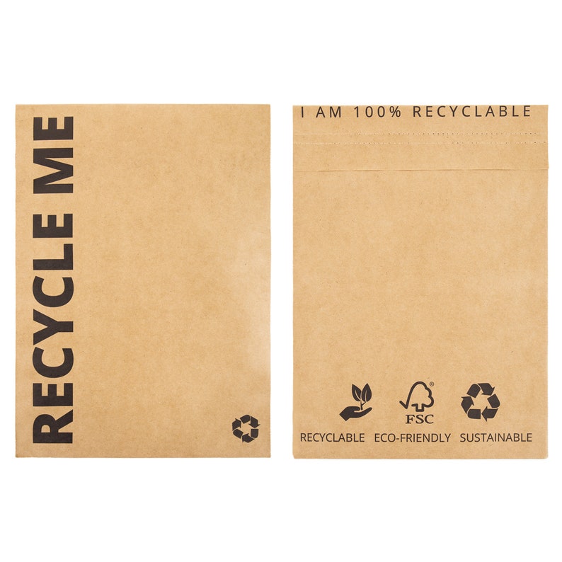 May include: Two brown paper envelopes with the text "RECYCLE ME" printed on the left envelope and "I AM 100% RECYCLABLE" printed on the right envelope. The right envelope also has symbols for recyclable, eco-friendly, and sustainable.