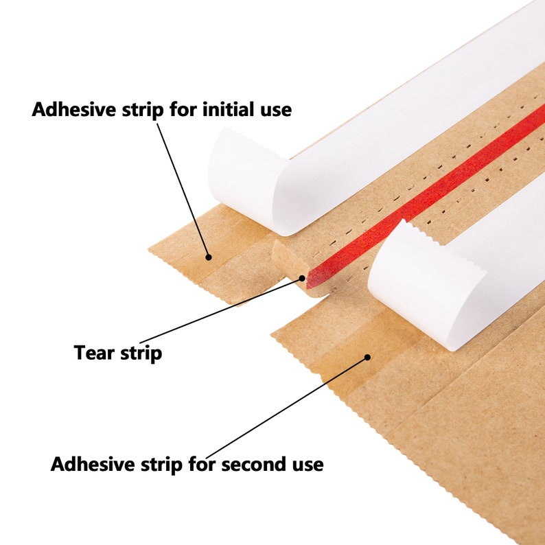 May include: Close-up of a brown paper envelope with a red tear strip and two adhesive strips. The top adhesive strip is labeled "Adhesive strip for initial use" and the bottom adhesive strip is labeled "Adhesive strip for second use".