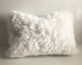 Fluffy Faux Fur Lumbar Pillow Cover, Custom Cover, White Faux Fur Pillow Cover, Handmade, White, Lumbar, 12x20, 14x28, 16x30, Fast Shipping