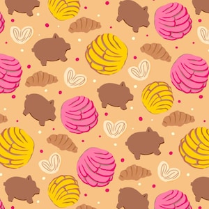 May include: A repeating pattern on a light orange background featuring illustrations of pink and yellow conchas, brown pig-shaped cookies, brown crescent-shaped pastries, and cream-colored heart-shaped cookies, interspersed with small red dots.
