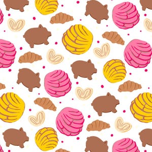 May include: A repeating pattern on a white background featuring brown pig-shaped cookies, yellow and pink concha sweet breads, tan crescent-shaped croissants, and light tan heart-shaped pastries, all interspersed with small magenta dots.