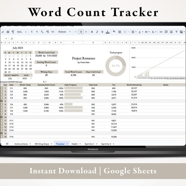 ULTIMATIVER Word Count Tracker | 2024 Tabelle für Autoren | NaNoWriMo Kalender | Digitaler Camp NaNoWriMo Wordcount Tracker