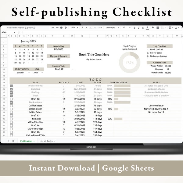 Digital Self-Publishing Spreadsheet for Writers | Indie Publishing Checklist | Digital Task List for Authors | Post-NaNoWriMo To Do List