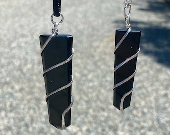 Obsidian Pendant, Obsidian Necklace, Black Stone Necklace, Protection Necklace, Pendant, Crystal Necklace, Obsidian Jewelry, Flat Coil Wrap