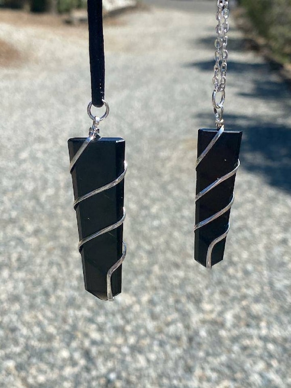 Obsidian Pendant, Obsidian Necklace, Black Stone Necklace, Protection Necklace, Pendant, Crystal Necklace, Obsidian Jewelry, Flat Coil Wrap