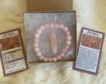 Rose Quartz Gift Set, Rose Quartz Necklace, Rose Quartz Pendant,  Rose Quartz Jewelry, Wire Wrapped Pendant, Mothes Day, Gift for mom