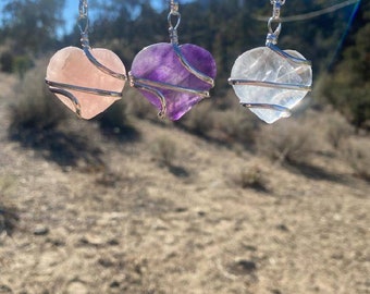 Rose Quartz Heart Necklace, Quartz Crystal Necklace, Amethyst Necklace, Crystal Heart Necklace, Heart Necklace, Valentines Gift