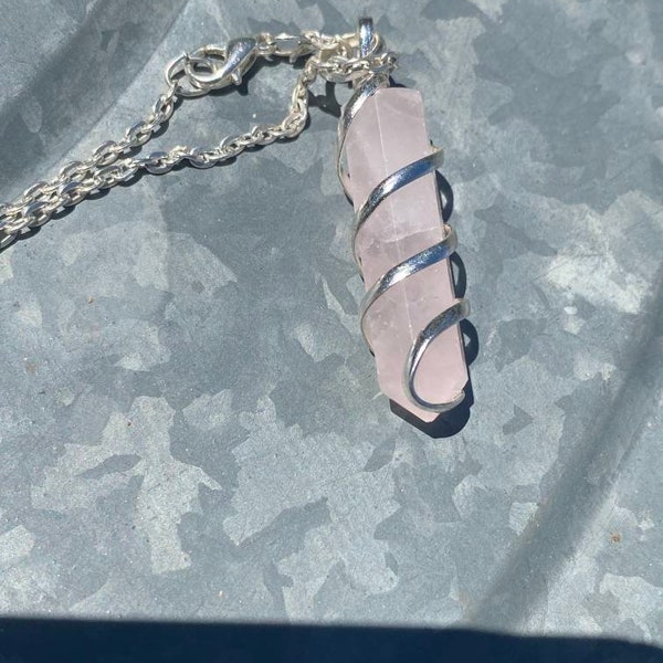 Rose Quartz Pendant, Rose Quartz Necklace, Rose Quartz Jewelry, Crystal Necklace,  Necklaces for women, Coil Wrapped Pendant, Valentine Gift