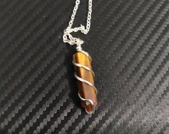 Tiger Eye Pendant, Tiger Eye Pendant, Coil Wrapped Tiger Eye