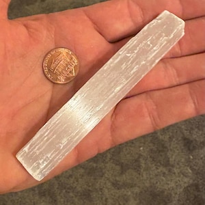 May include: A long, rectangular, translucent white selenite crystal wand with a fibrous, striated texture. The crystal is positioned next to a copper-colored United States one-cent coin for scale, which has a diameter of 0.75 inches.