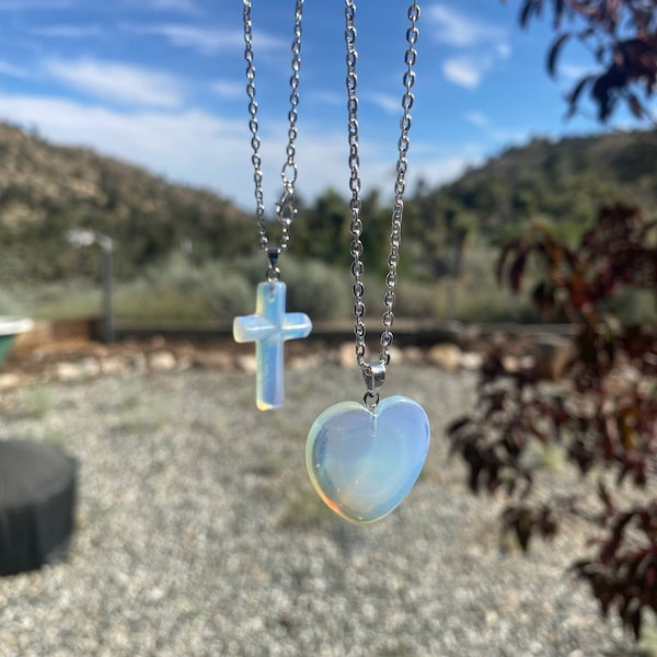 Opalite Pendant, Opalite Necklace, Heart Pendant, Cross Necklace for Children, Heart Necklace, Children's Jewelry, Gift for girl