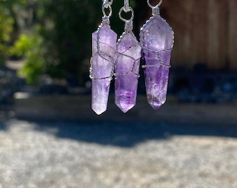 Wire Wrapped Amethyst Pendant Necklace: Healing Crystal Jewelry