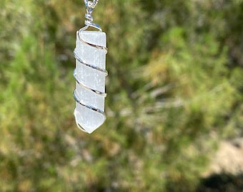 Selenite Pendant, Crystal Necklace,  Protection Necklace, Selenite Necklace, Coil Wrapped Pendant, Protection Jewelry, Selenite Jewelry