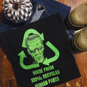 Retro Frankenstein Halloween 100% Recycled Human Parts Funny Spooky T-Shirt Graphic Tee Monster T Soft Comfy Vintage Ghost