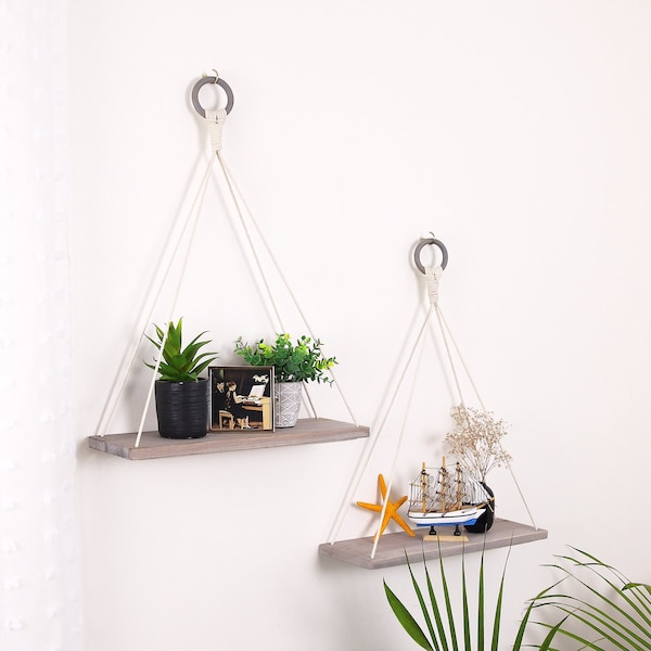 Hanging Shelves for wall,Set of 2,Boho wall Decor,Rope Shelf,Macrame Floating Shelf, hanging planter ,Swing Shelf,Triangle Shelf,Wall Decor