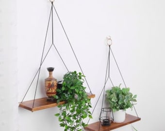 Hanging Shelves | Set of 2 | Boho wall Decor | Rope Shelves | Macrame Shelves | Boho Hanging Planter | Swing Shelf | Floating | Gray,Brown