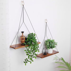 Hanging Shelves | Set of 2 | Boho wall Decor | Rope Shelves | Macrame Shelves | Boho Hanging Planter | Swing Shelf | Floating | Gray,Brown