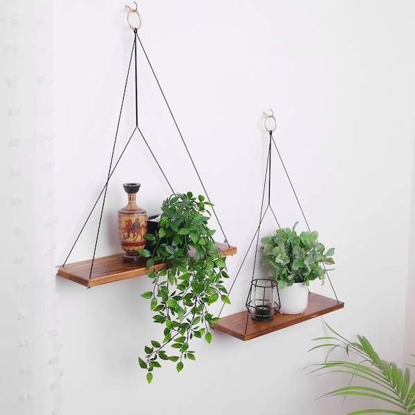 Hanging Shelves | Set of 2 | Boho wall Decor | Rope Shelves | Macrame Shelves | Boho Hanging Planter | Swing Shelf | Floating | Gray,Brown