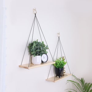 Hanging Shelves | Set of 2 | Boho wall Decor | Rope Shelves | Macrame Shelves | Boho Hanging Planter | Swing Shelf | Floating | Gray,Brown