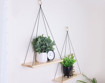 Hanging Shelves | Set of 2 | Boho wall Decor | Rope Shelves | Macrame Shelves | Boho Hanging Planter | Swing Shelf | Floating | Gray,Brown