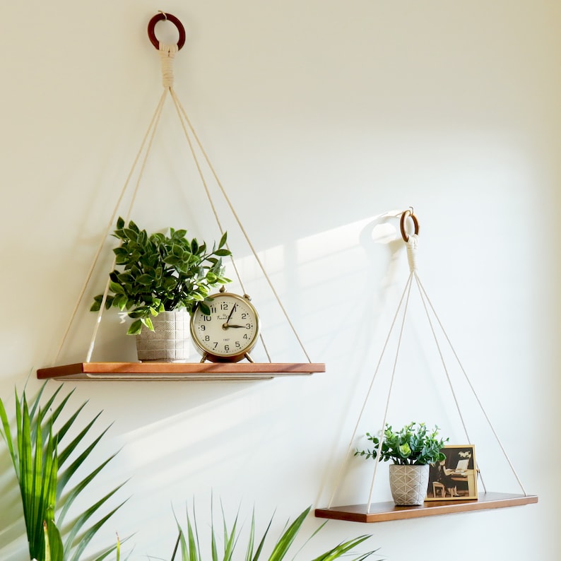 Hanging Shelves for wall,Set of 2,Boho wall Decor,Rope Shelf,Macrame Floating Shelf, hanging planter ,Swing Shelf,Triangle Shelf,Wall Decor Brown