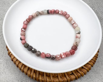 Pink Rhodonite Gemstone Stretch Bracelet, Bold Pink Bohemian Gemstone Bracelet, Gift for Her, Beaded Crystal Bracelet, Pink Gemstone Jewelry