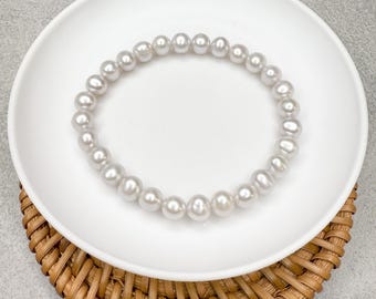 Handmade Freshwater Pearl Stretch Bracelet, Bohemian Gray Silvery Pearls