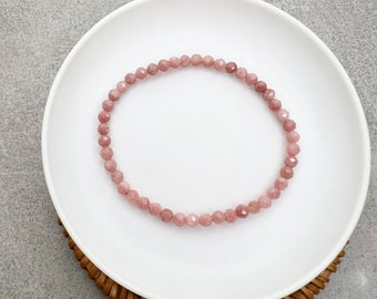 Handmade Pink Rhodonite Gemstone Bracelet: Faceted Beaded Stretch Jewelry