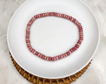 Pink Rhodonite Smooth Rondelle Gemstone Bracelet, Bohemian Style Jewelry