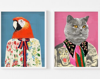 Luxury fashion art SET- cat parrot posters, framed art set, designer fashion prints, fashion animal drawing