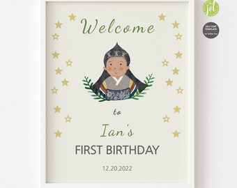Doljabi WELCOME SIGN- golden, bronze skin, Korean baby boy, First birthday, Digital Printable ,Personalized Dohl ,hanbok, Self Edit Template