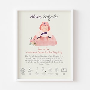 Bord bord Doljabi, zelfbewerkingssjabloon, Koreaans babymeisje, eerste verjaardag, digitale afdrukbare, gepersonaliseerde Dohl, instant download, hanbok