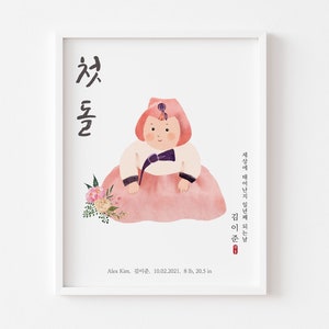 Doljabi borad, bambina coreana stampabile Primo compleanno, modello di modifica automatica, Dohl digitale / personalizzato / design semplice, hanbok, 돌
