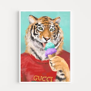 Luxury Fashion Leopard painting, Home Wall Art , Designer print Poster ,Leopard Wall Art, High Fashion, ice cream tiger, big Wild Cat