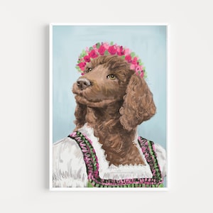 Luxury Fashion poodle painting, Home Wall Art , Designer art Poster , german dirndl brown poodle, Wall Art, High Fashion