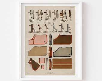 Equestrian vintage horse saddle -hermes art deco-antique horseback riding equipments-illustration poster-sign-fashion-framed art