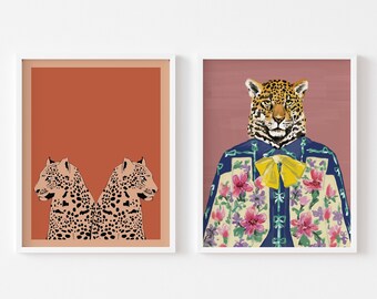 Jeguar art SET-vintage print-art deco- posters- illustration-sign-designer fashion-cat-frame set