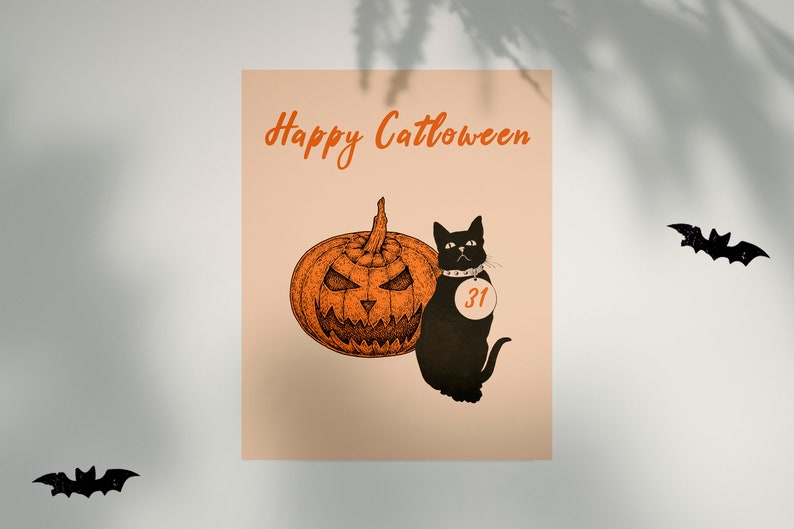 DIGITAL halloween black cat art print,Happy Halloween Printable,Halloween Poster,Halloween Decor,Halloween Party Sign