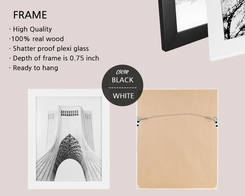 May include: A black and white photograph of a building with an archway. The photo is framed in a white frame with a 0.75 inch depth. The frame is ready to hang and is made of real wood with shatterproof plexi glass.